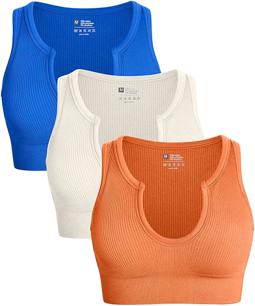 Women'S 3 Piece Medium Support Crop Top Seamless Ribbed Removable Cups Workout Yoga Sport Bra Blue1 Beige Orange / Large