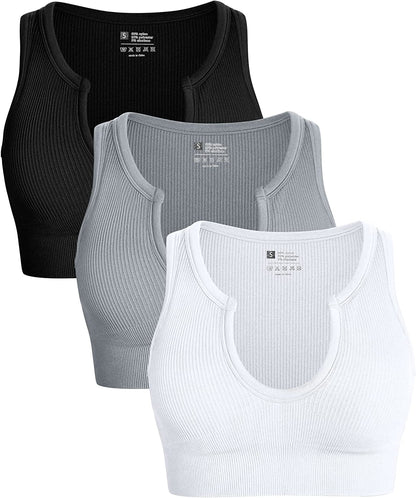 Women'S 3 Piece Medium Support Crop Top Seamless Ribbed Removable Cups Workout Yoga Sport Bra Black Grey White / Medium