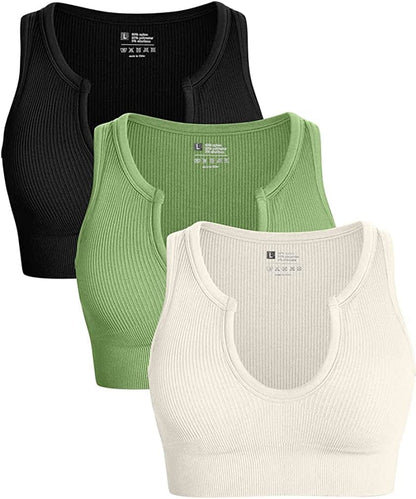 Women'S 3 Piece Medium Support Crop Top Seamless Ribbed Removable Cups Workout Yoga Sport Bra Black Green Beige / Medium