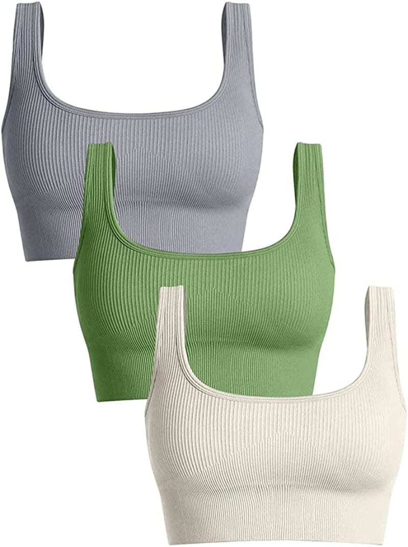 Women'S 3 Piece Medium Support Tank Top Ribbed Seamless Removable Cups Workout Exercise Sport Bra Grey Green Beige / Large