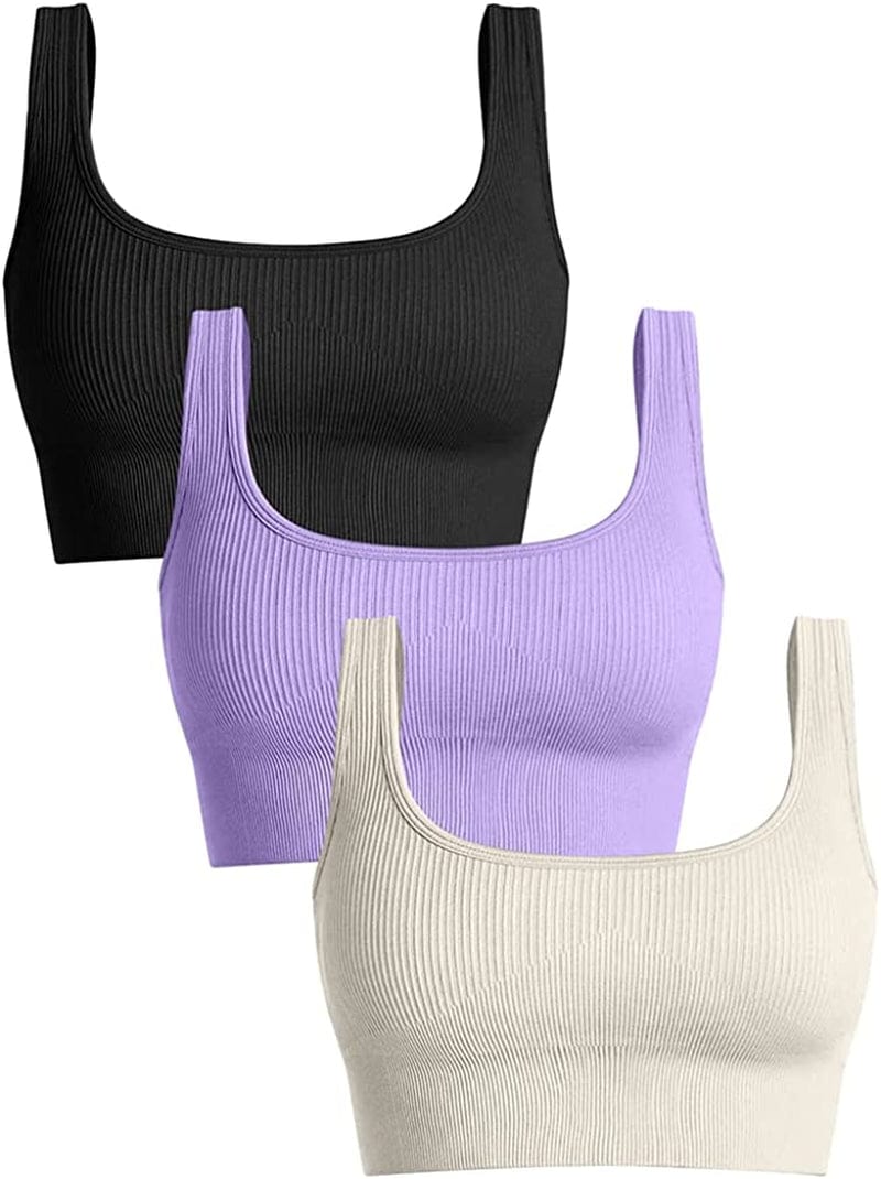 Women'S 3 Piece Medium Support Tank Top Ribbed Seamless Removable Cups Workout Exercise Sport Bra Black Purple Beige / Large
