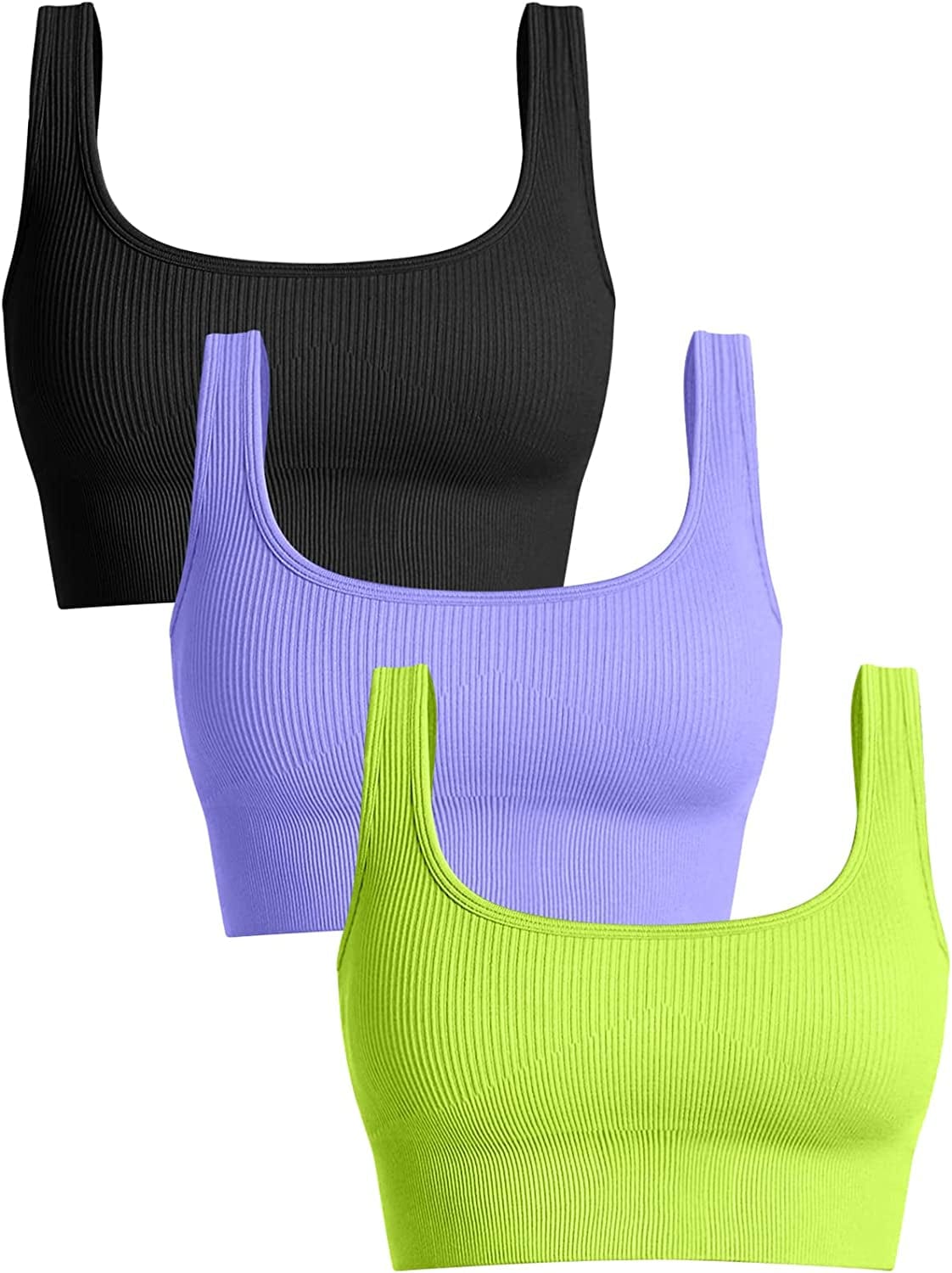 Women'S 3 Piece Medium Support Tank Top Ribbed Seamless Removable Cups Workout Exercise Sport Bra Black Purple Grassgreen / Large
