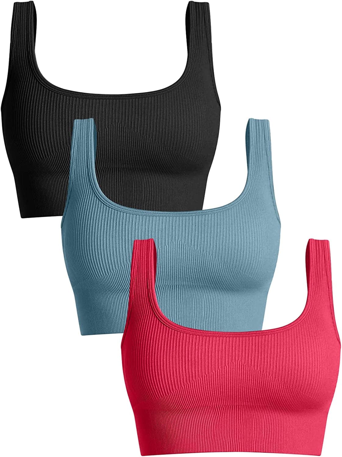 Women'S 3 Piece Medium Support Tank Top Ribbed Seamless Removable Cups Workout Exercise Sport Bra Black Blue Brightred / Large