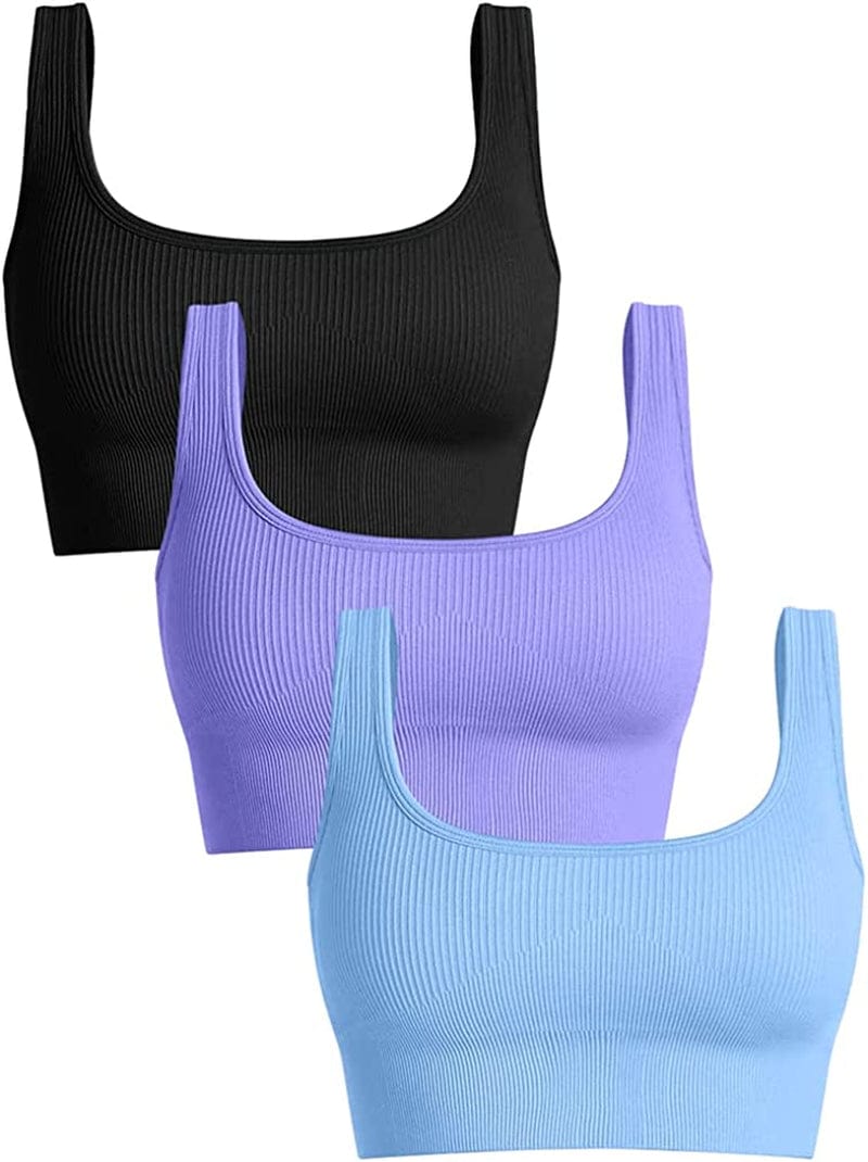 Women'S 3 Piece Medium Support Tank Top Ribbed Seamless Removable Cups Workout Exercise Sport Bra Black Purple Candyblue / Large