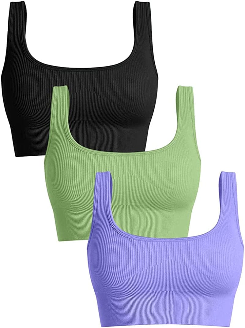 Women'S 3 Piece Medium Support Tank Top Ribbed Seamless Removable Cups Workout Exercise Sport Bra Black Green Purple / Large