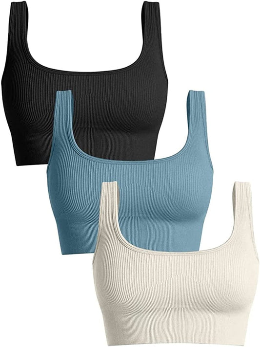 Women'S 3 Piece Medium Support Tank Top Ribbed Seamless Removable Cups Workout Exercise Sport Bra Black Blue Beige / Large