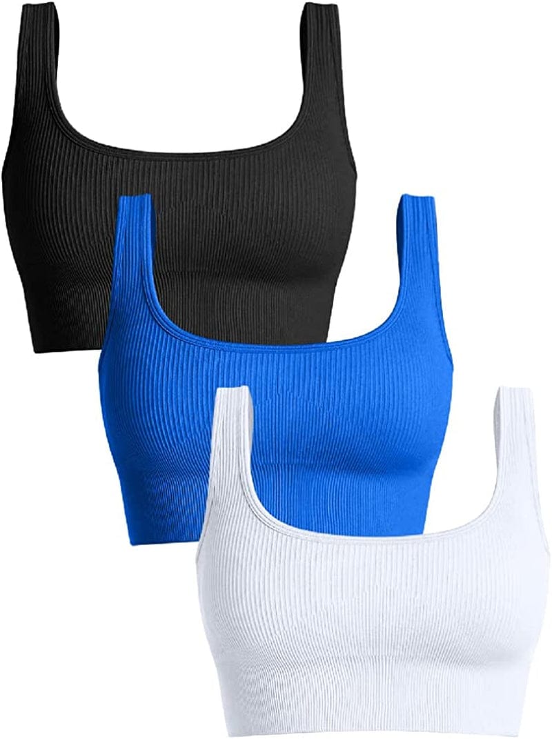 Women'S 3 Piece Medium Support Tank Top Ribbed Seamless Removable Cups Workout Exercise Sport Bra Black Blue1 White / Medium