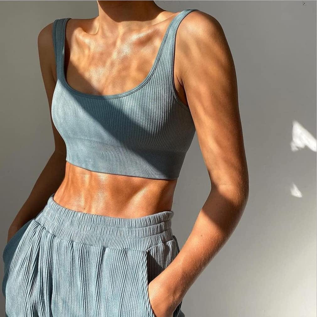 Women'S 3 Piece Medium Support Tank Top Ribbed Seamless Removable Cups Workout Exercise Sport Bra
