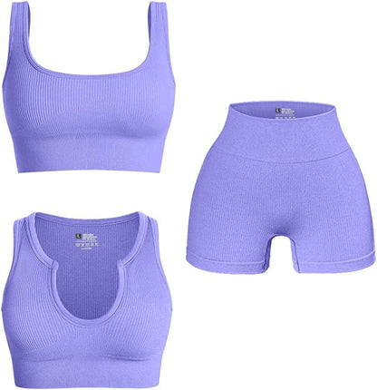 Women'S 3 Piece Outfits Ribbed Exercise Scoop Neck Sports Bra Notch Neckline Crop Tops High Waist Yoga Shorts Active Set Purple / Large