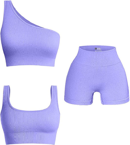 Women'S 3 Piece Outfits Ribbed Exercise Scoop Neck Sports Bra Notch Neckline Crop Tops High Waist Yoga Shorts Active Set Purple1 / Large