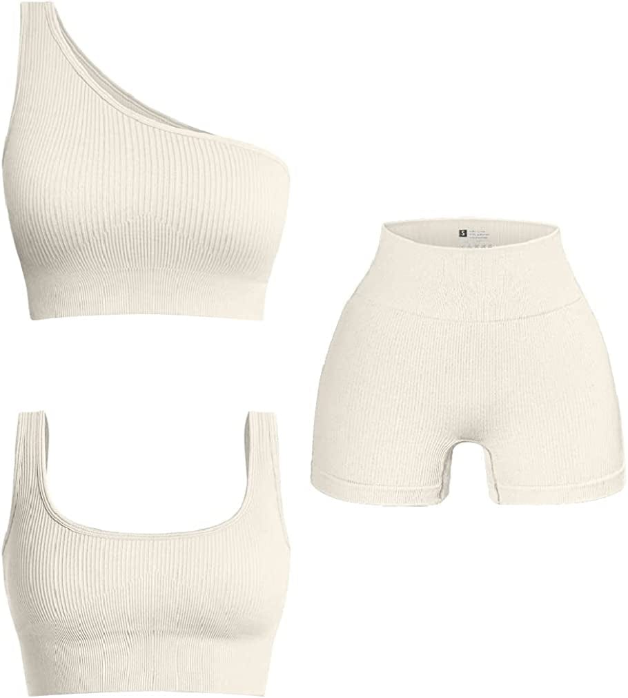 Women'S 3 Piece Outfits Ribbed Exercise Scoop Neck Sports Bra Notch Neckline Crop Tops High Waist Yoga Shorts Active Set Beige1 / Large