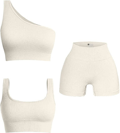 Women'S 3 Piece Outfits Ribbed Exercise Scoop Neck Sports Bra Notch Neckline Crop Tops High Waist Yoga Shorts Active Set Beige1 / Large