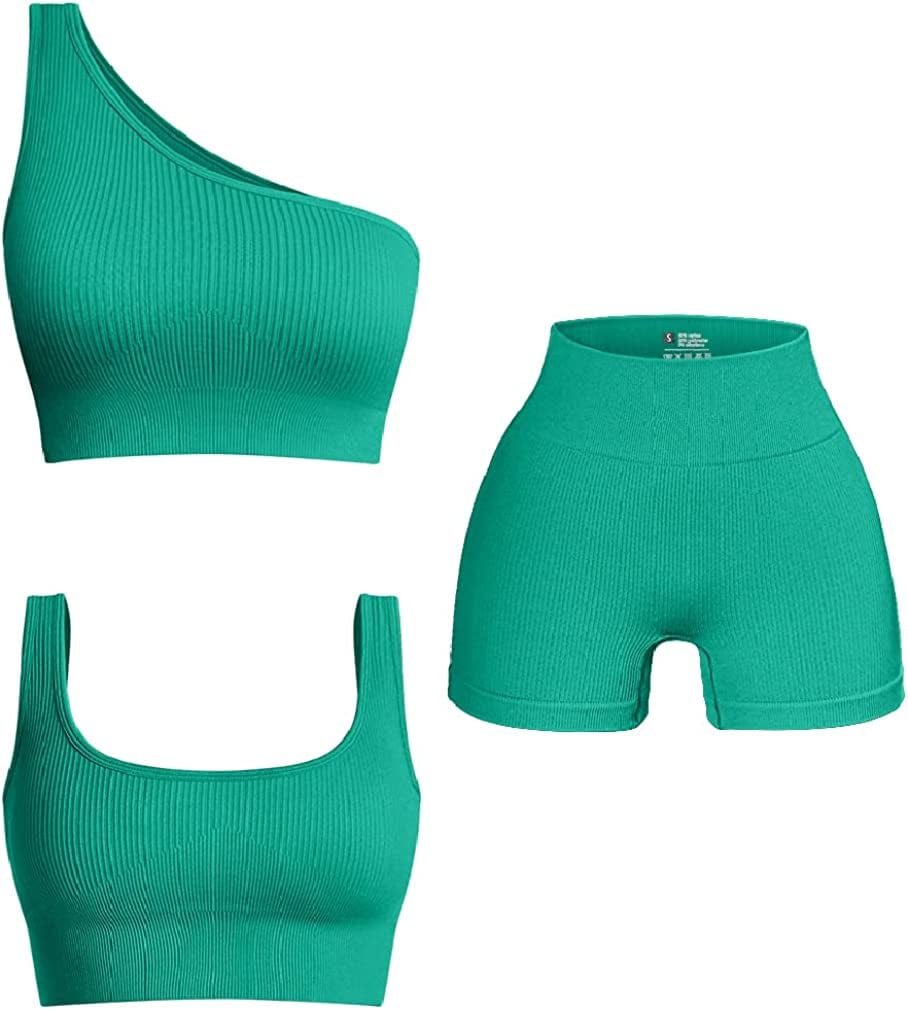 Women'S 3 Piece Outfits Ribbed Exercise Scoop Neck Sports Bra Notch Neckline Crop Tops High Waist Yoga Shorts Active Set Green1 / Large