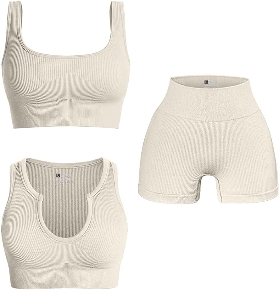 Women'S 3 Piece Outfits Ribbed Exercise Scoop Neck Sports Bra Notch Neckline Crop Tops High Waist Yoga Shorts Active Set Beige / Large