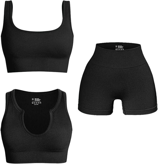Women'S 3 Piece Outfits Ribbed Exercise Scoop Neck Sports Bra Notch Neckline Crop Tops High Waist Yoga Shorts Active Set Black / Medium