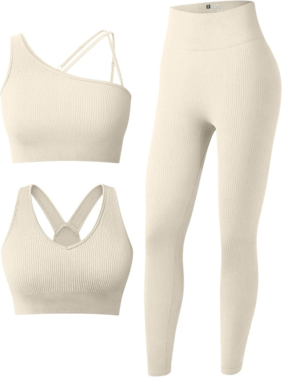 Women'S 3 Piece Outfits Ribbed Seamless Exercise Scoop Neck Sports Bra One Shoulder Tops High Waist Leggings Active Set Beige2 / Large