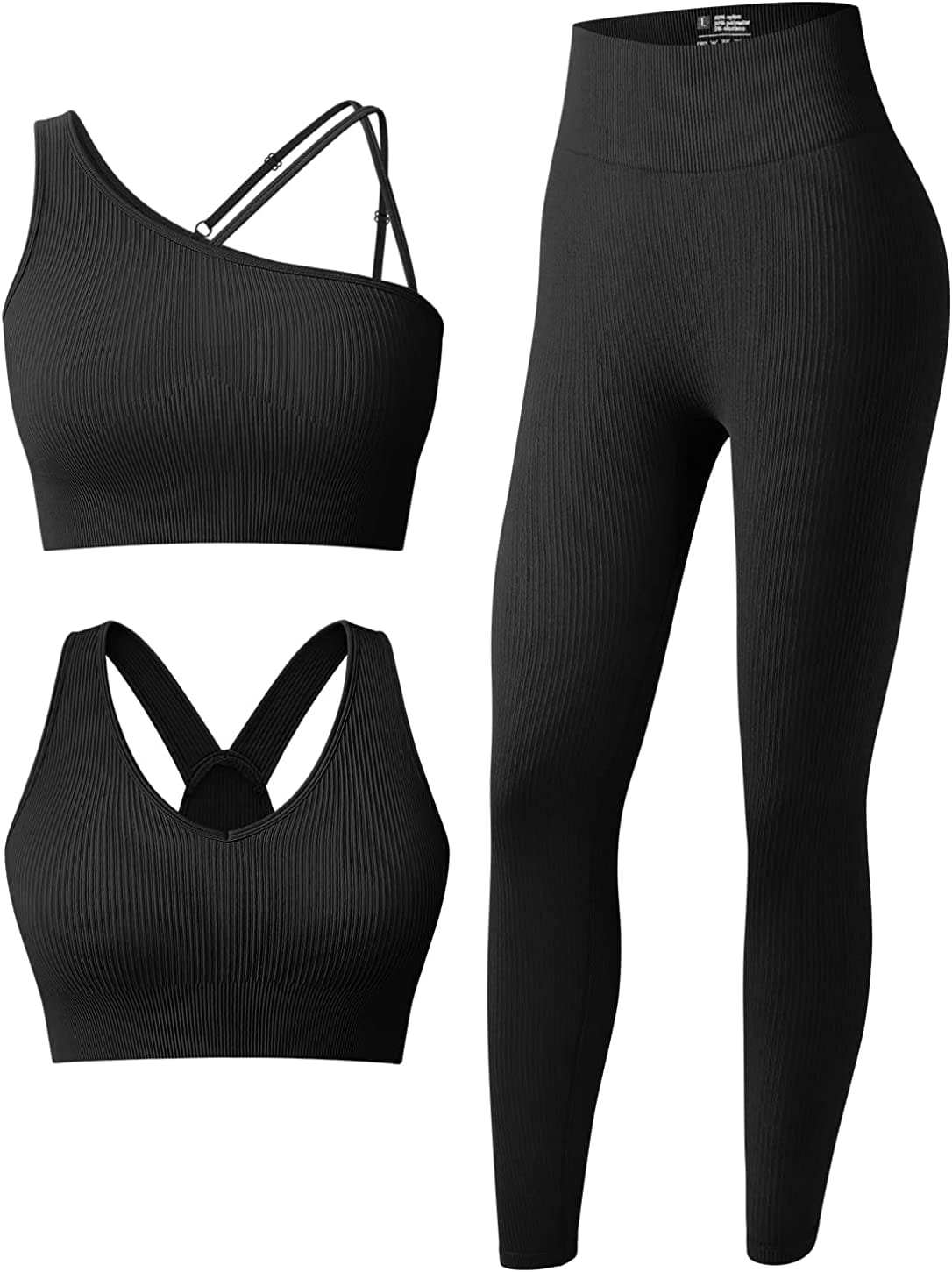 Women'S 3 Piece Outfits Ribbed Seamless Exercise Scoop Neck Sports Bra One Shoulder Tops High Waist Leggings Active Set Black2 / Small