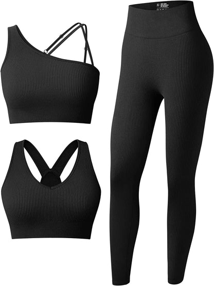 Women'S 3 Piece Outfits Ribbed Seamless Exercise Scoop Neck Sports Bra One Shoulder Tops High Waist Leggings Active Set Black2 / Small