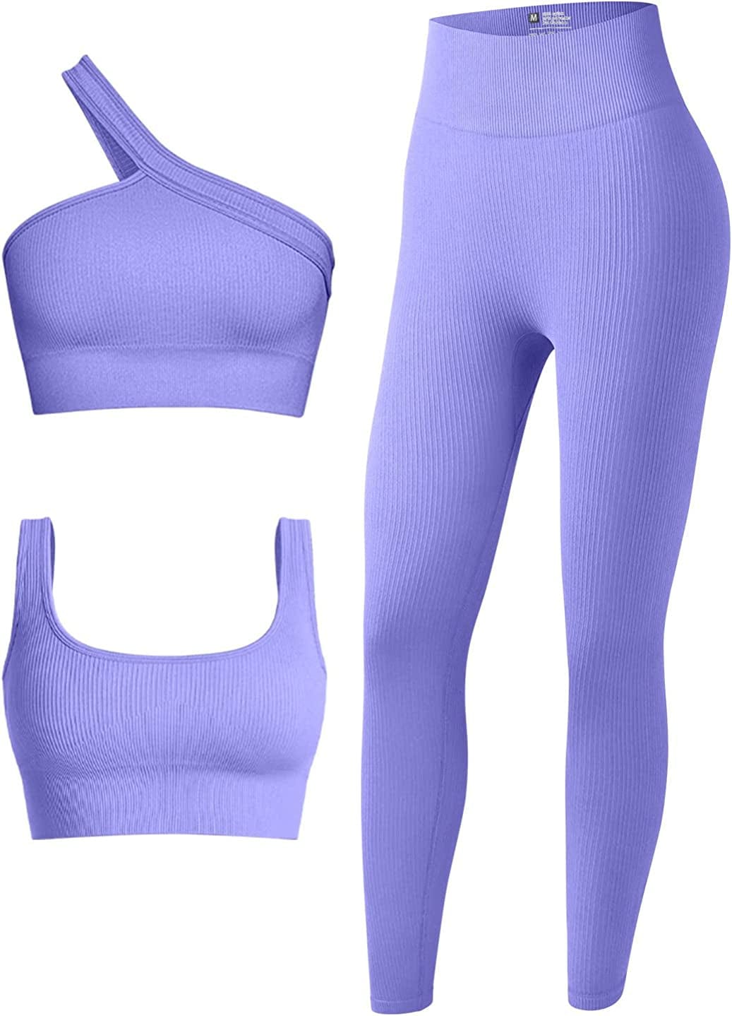 Women'S 3 Piece Outfits Ribbed Seamless Exercise Scoop Neck Sports Bra One Shoulder Tops High Waist Leggings Active Set Purple / Medium