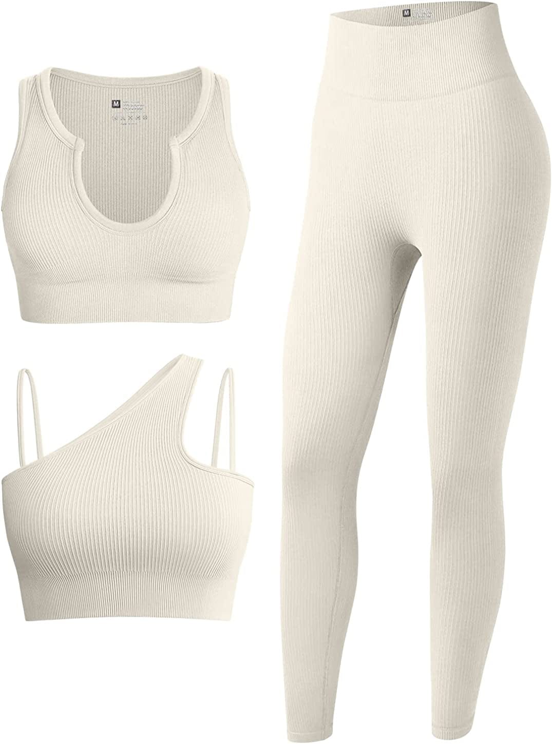 Women'S 3 Piece Outfits Ribbed Seamless Exercise Scoop Neck Sports Bra One Shoulder Tops High Waist Leggings Active Set Beige1 / Large