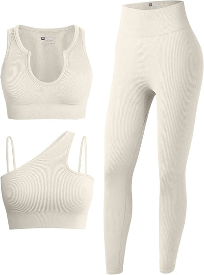 Women'S 3 Piece Outfits Ribbed Seamless Exercise Scoop Neck Sports Bra One Shoulder Tops High Waist Leggings Active Set Beige1 / Large
