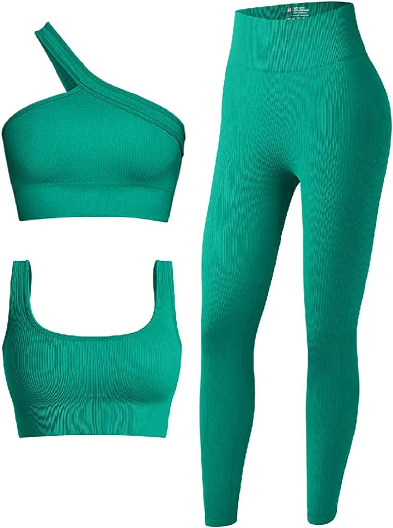 Women'S 3 Piece Outfits Ribbed Seamless Exercise Scoop Neck Sports Bra One Shoulder Tops High Waist Leggings Active Set Green / Medium