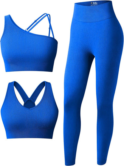 Women'S 3 Piece Outfits Ribbed Seamless Exercise Scoop Neck Sports Bra One Shoulder Tops High Waist Leggings Active Set Blue2 / Medium