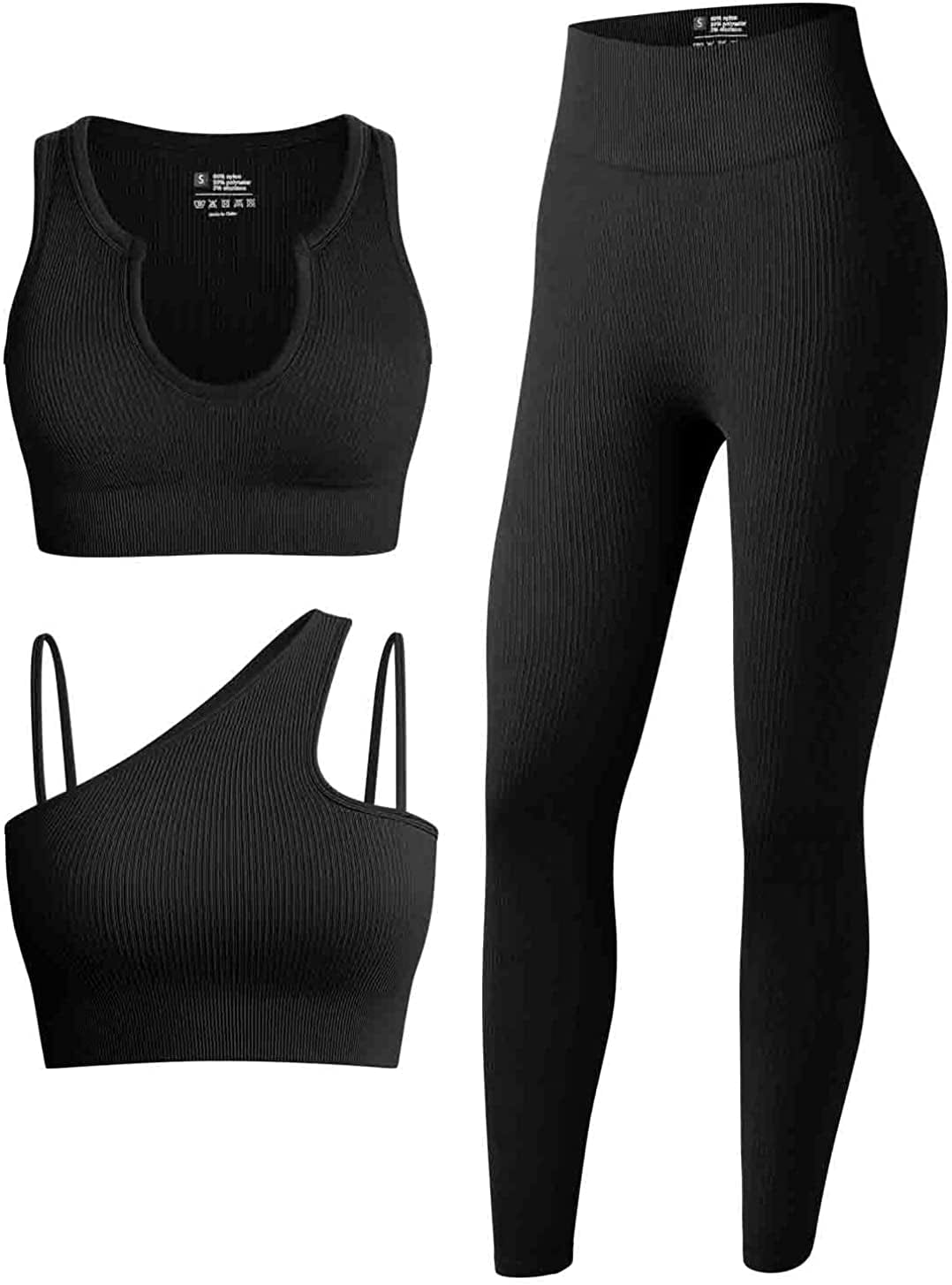 Women'S 3 Piece Outfits Ribbed Seamless Exercise Scoop Neck Sports Bra One Shoulder Tops High Waist Leggings Active Set Black1 / Small