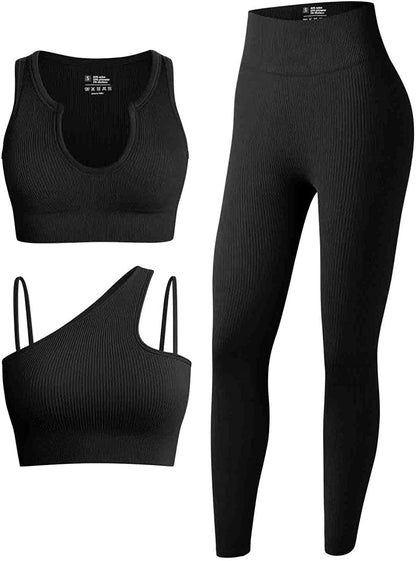 Women'S 3 Piece Outfits Ribbed Seamless Exercise Scoop Neck Sports Bra One Shoulder Tops High Waist Leggings Active Set Black1 / Small