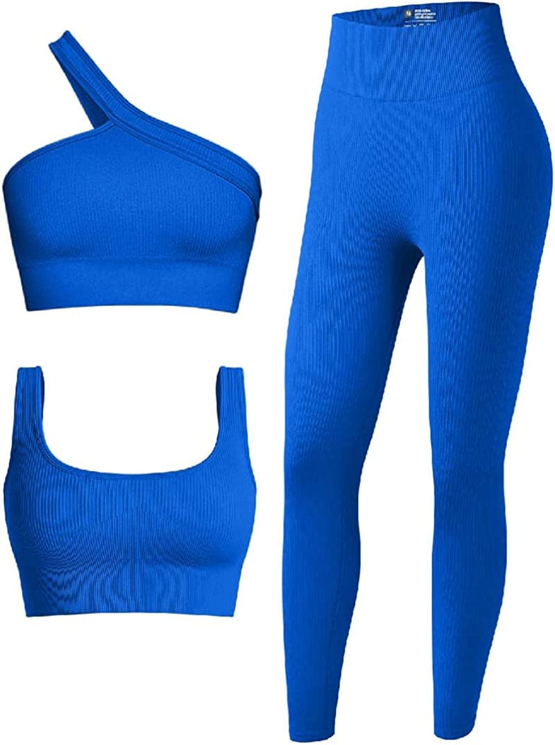 Women'S 3 Piece Outfits Ribbed Seamless Exercise Scoop Neck Sports Bra One Shoulder Tops High Waist Leggings Active Set Blue / Medium