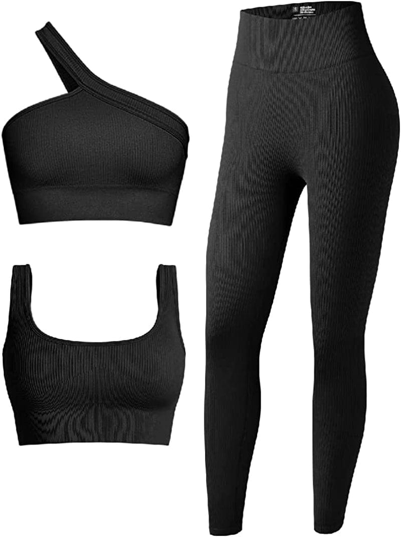 Women'S 3 Piece Outfits Ribbed Seamless Exercise Scoop Neck Sports Bra One Shoulder Tops High Waist Leggings Active Set Black / Medium