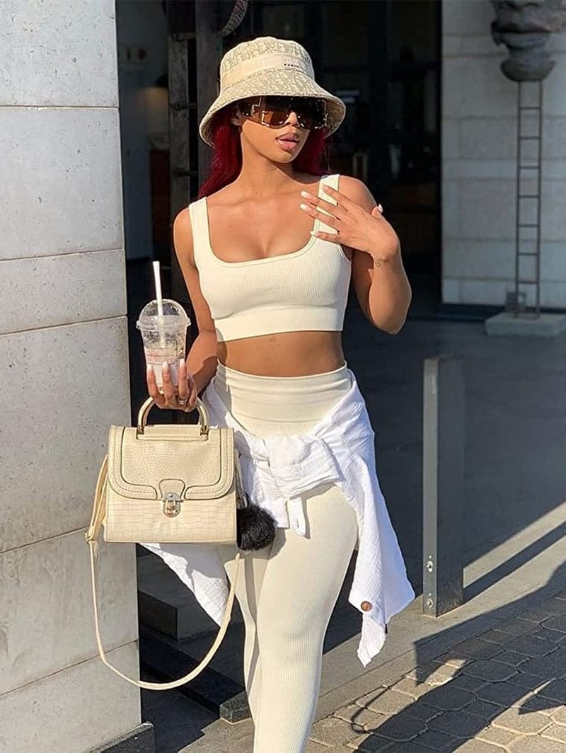 Women'S 3 Piece Outfits Ribbed Seamless Exercise Scoop Neck Sports Bra One Shoulder Tops High Waist Leggings Active Set