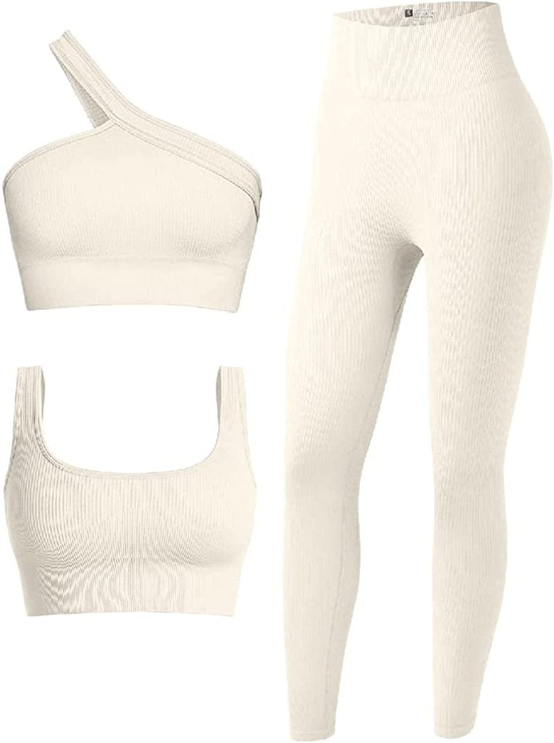Women'S 3 Piece Outfits Ribbed Seamless Exercise Scoop Neck Sports Bra One Shoulder Tops High Waist Leggings Active Set Beige / Medium