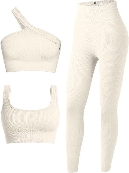 Women'S 3 Piece Outfits Ribbed Seamless Exercise Scoop Neck Sports Bra One Shoulder Tops High Waist Leggings Active Set Beige / Medium