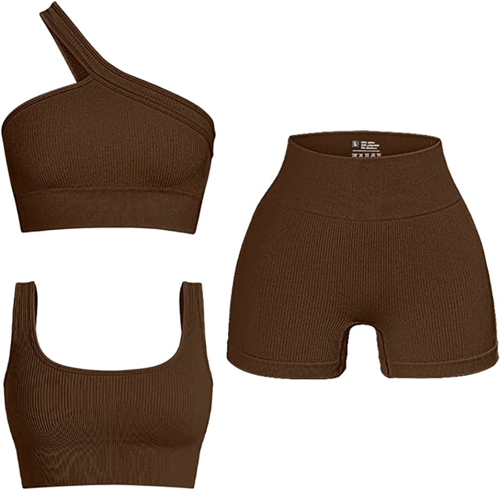 Women'S 3 Piece Outfits Ribbed Seamless Exercise Scoop Neck Sports Bra One Shoulder Tops High Waist Shorts Active Set Coffee / Small