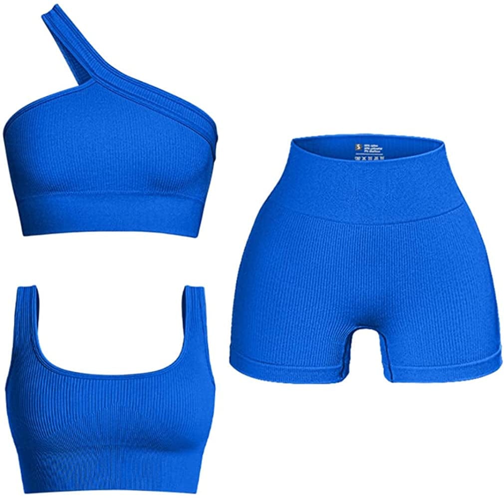 Women'S 3 Piece Outfits Ribbed Seamless Exercise Scoop Neck Sports Bra One Shoulder Tops High Waist Shorts Active Set Blue / Small