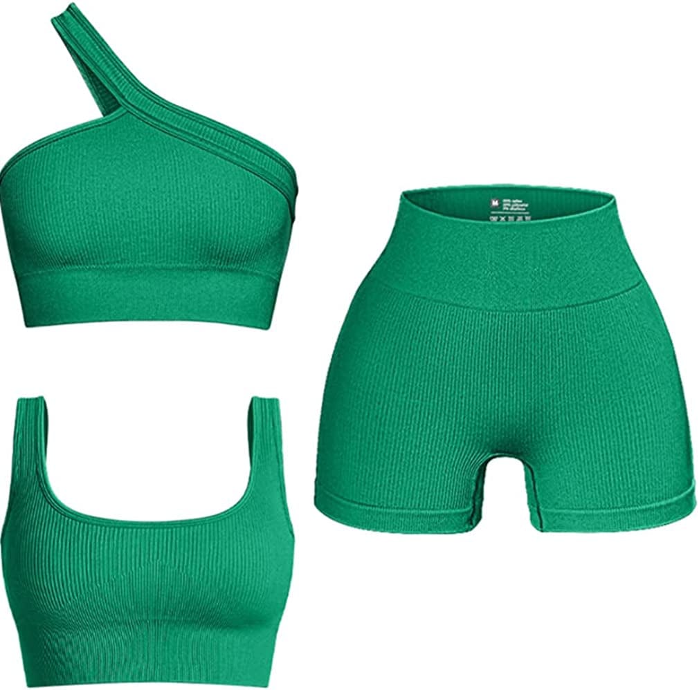 Women'S 3 Piece Outfits Ribbed Seamless Exercise Scoop Neck Sports Bra One Shoulder Tops High Waist Shorts Active Set Green / Small