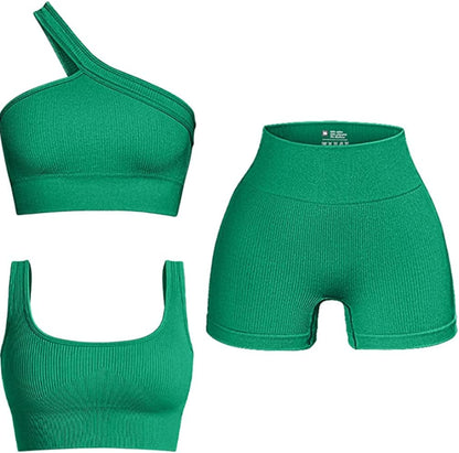 Women'S 3 Piece Outfits Ribbed Seamless Exercise Scoop Neck Sports Bra One Shoulder Tops High Waist Shorts Active Set Green / Small