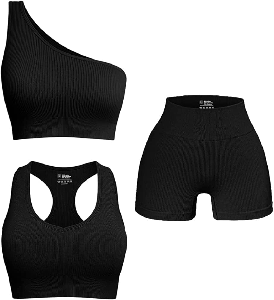 Women'S 3 Piece Outfits Ribbed Seamless Exercise Scoop Neck Sports Bra One Shoulder Tops High Waist Shorts Active Set Black2 / Small