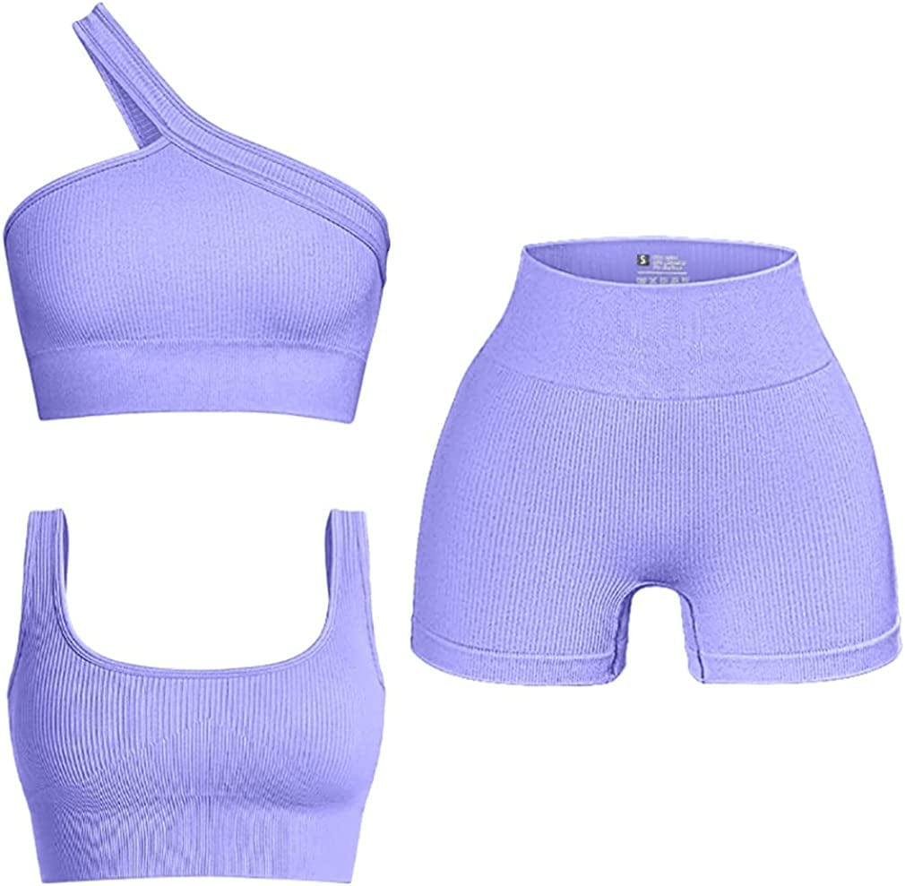 Women'S 3 Piece Outfits Ribbed Seamless Exercise Scoop Neck Sports Bra One Shoulder Tops High Waist Shorts Active Set Purple / Small
