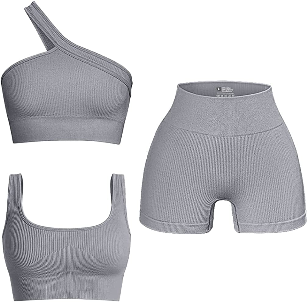 Women'S 3 Piece Outfits Ribbed Seamless Exercise Scoop Neck Sports Bra One Shoulder Tops High Waist Shorts Active Set Silvergrey / Small