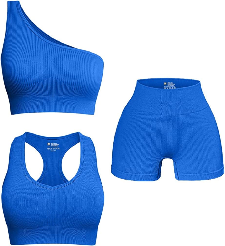 Women'S 3 Piece Outfits Ribbed Seamless Exercise Scoop Neck Sports Bra One Shoulder Tops High Waist Shorts Active Set Blue2 / Small