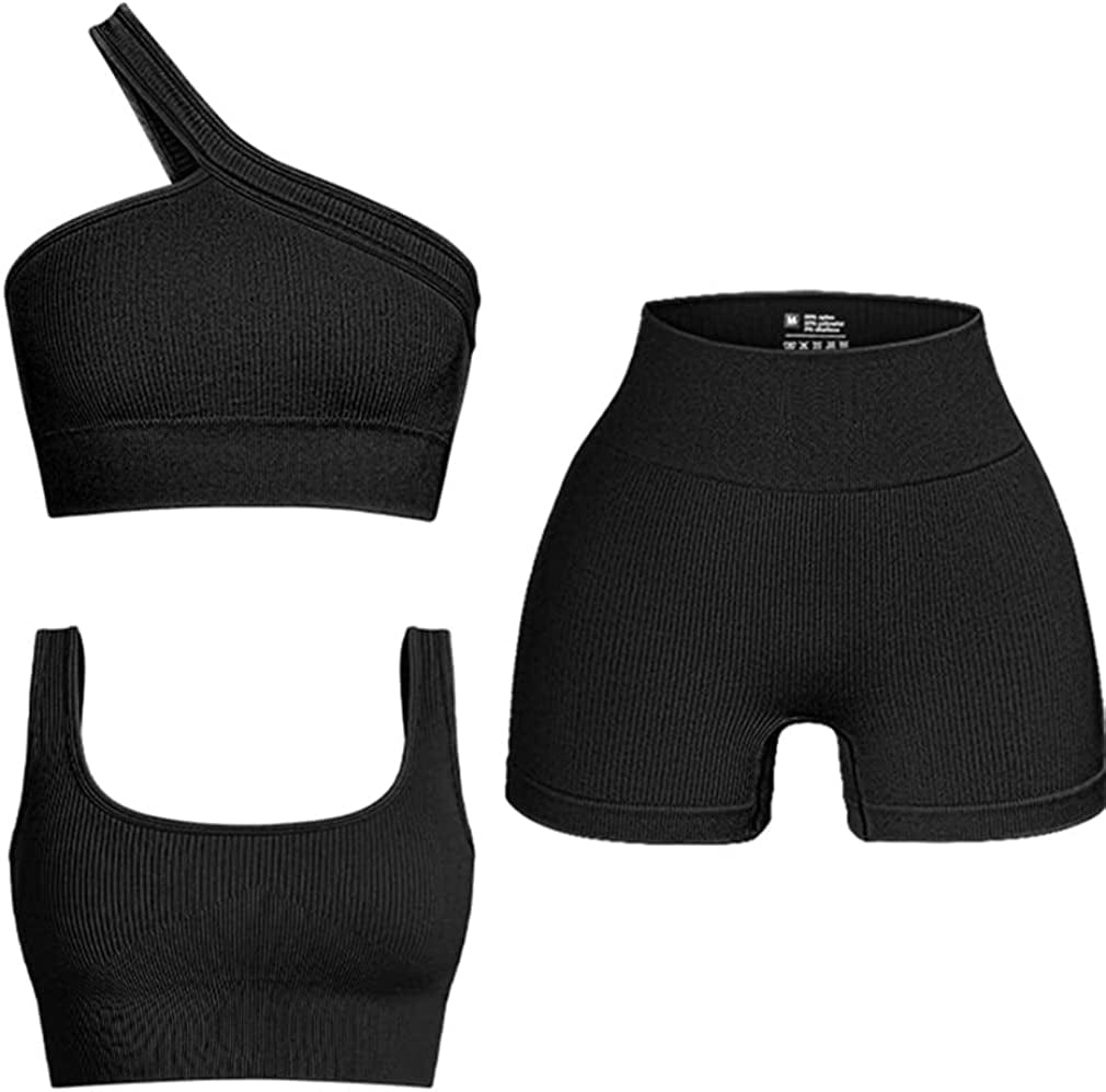 Women'S 3 Piece Outfits Ribbed Seamless Exercise Scoop Neck Sports Bra One Shoulder Tops High Waist Shorts Active Set Black / Small