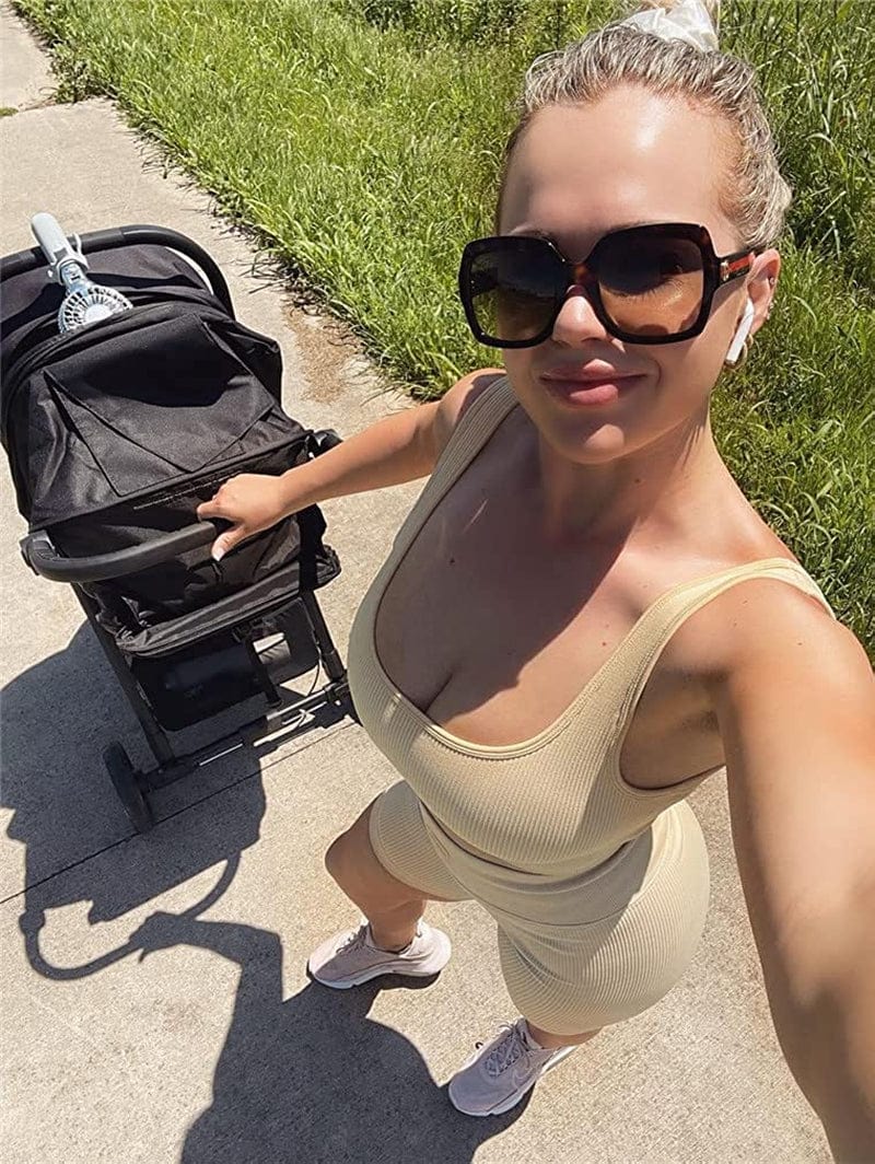 Women'S 3 Piece Outfits Ribbed Seamless Exercise Scoop Neck Sports Bra One Shoulder Tops High Waist Shorts Active Set