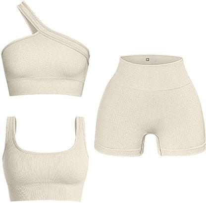 Women'S 3 Piece Outfits Ribbed Seamless Exercise Scoop Neck Sports Bra One Shoulder Tops High Waist Shorts Active Set Beige / Small