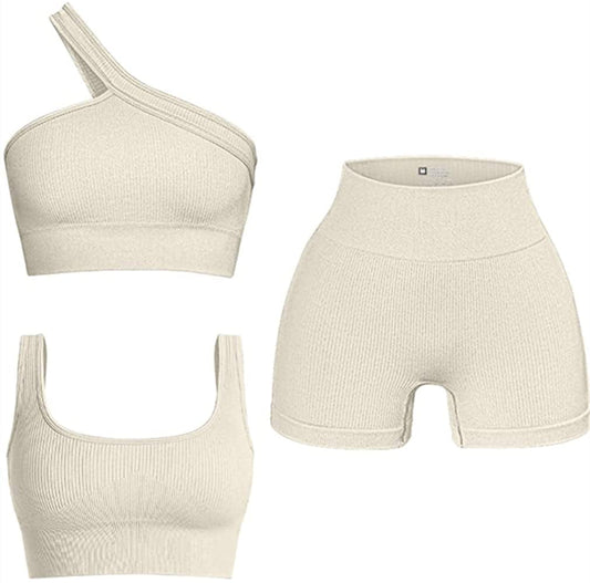 Women'S 3 Piece Outfits Ribbed Seamless Exercise Scoop Neck Sports Bra One Shoulder Tops High Waist Shorts Active Set Beige / Small