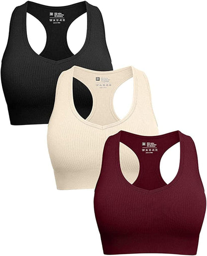 Women'S 3 Piece Workout Seamless Crop Top Cute Ribbed Deep V Neck Removable Cups Sport Bra Beige Black Winered / Small