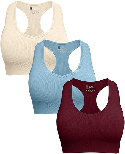 Women'S 3 Piece Workout Seamless Crop Top Cute Ribbed Deep V Neck Removable Cups Sport Bra Beige Hazeblue Winered / Small