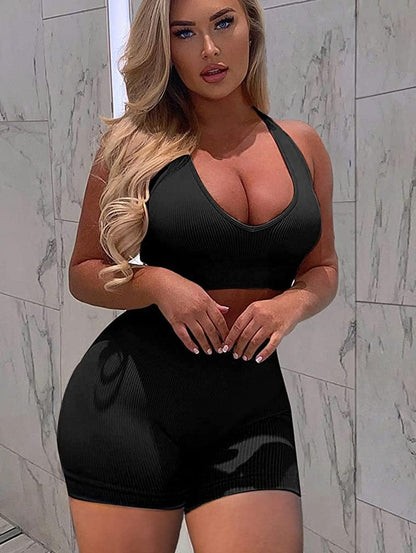 Women'S 3 Piece Workout Seamless Crop Top Cute Ribbed Deep V Neck Removable Cups Sport Bra