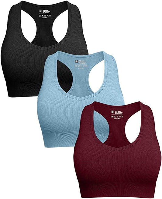 Women'S 3 Piece Workout Seamless Crop Top Cute Ribbed Deep V Neck Removable Cups Sport Bra Black Hazeblue Winered / Small